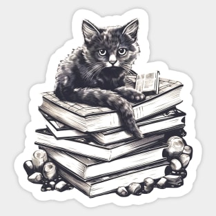 Bookish cat sleeping on books - Kitten lady & librarian gift Sticker